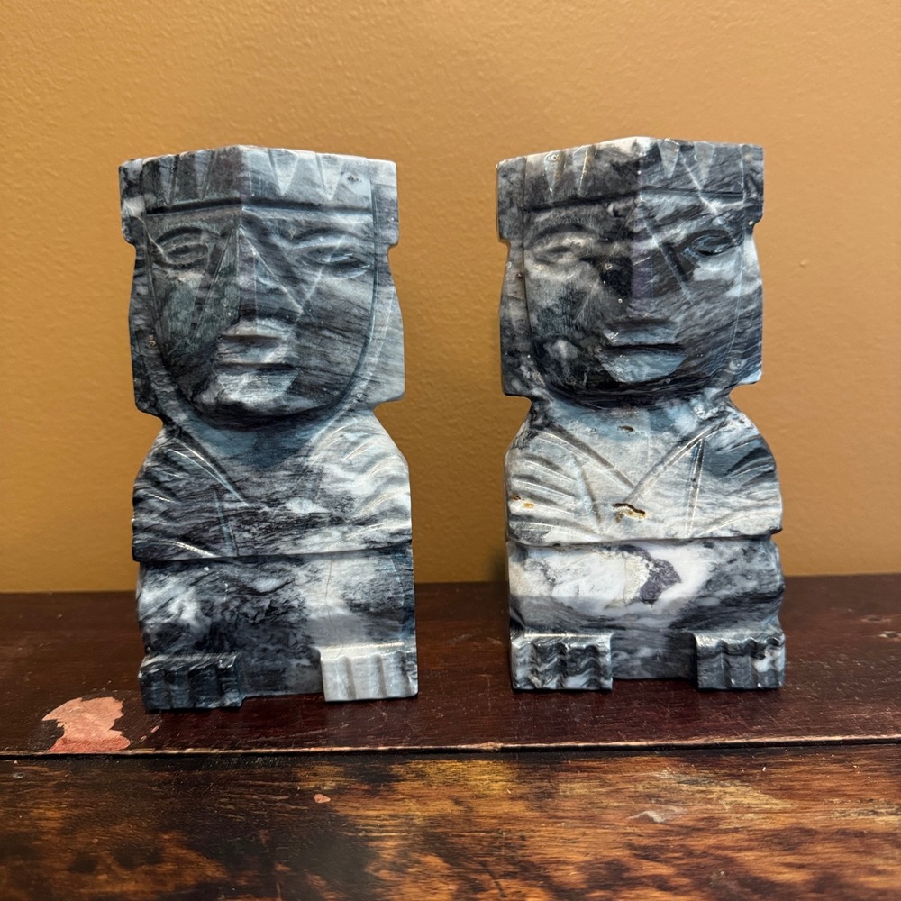 Carved‎ Black and Grey Onyx Stone Aztec Tiki Heavy Bookends